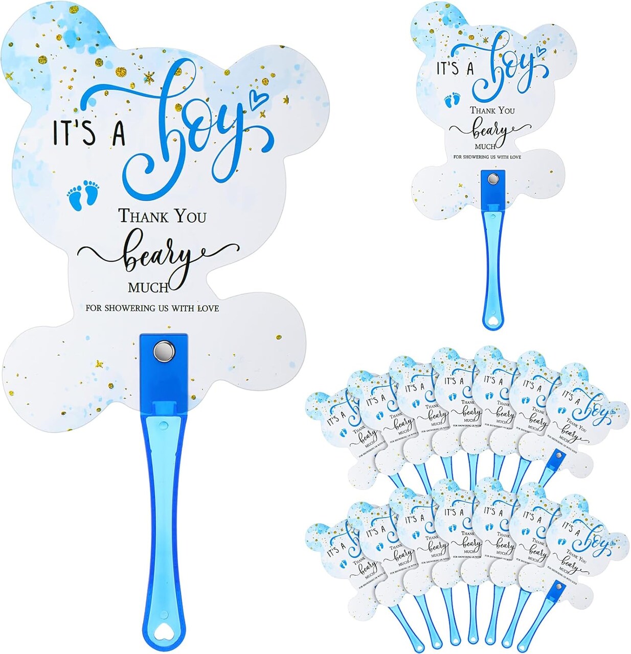 50 Bear Baby Shower Fans – Handheld Party Favors, Gender Reveal Decor (Blue)